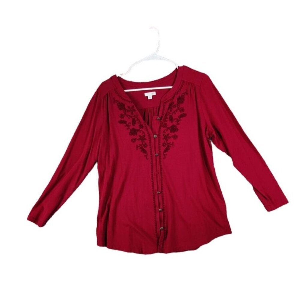 J. JILL‎ Button Up Womens SZ L Burgundy Embroidered Modal Cotton Floral Boho